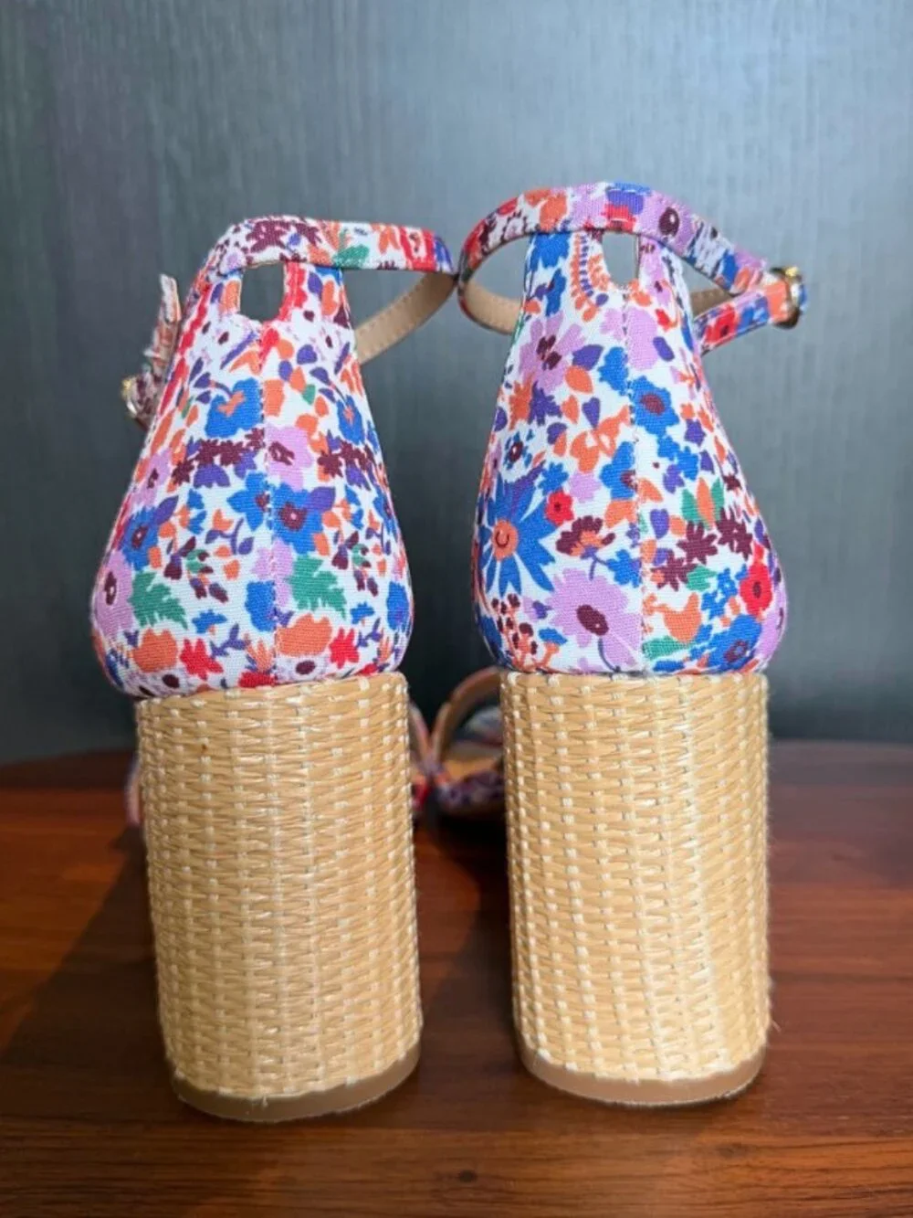 Kelly Katie Floral Chunky Rattan Block Heel Sandals 8M Ankle Strap Open Toe 3.3